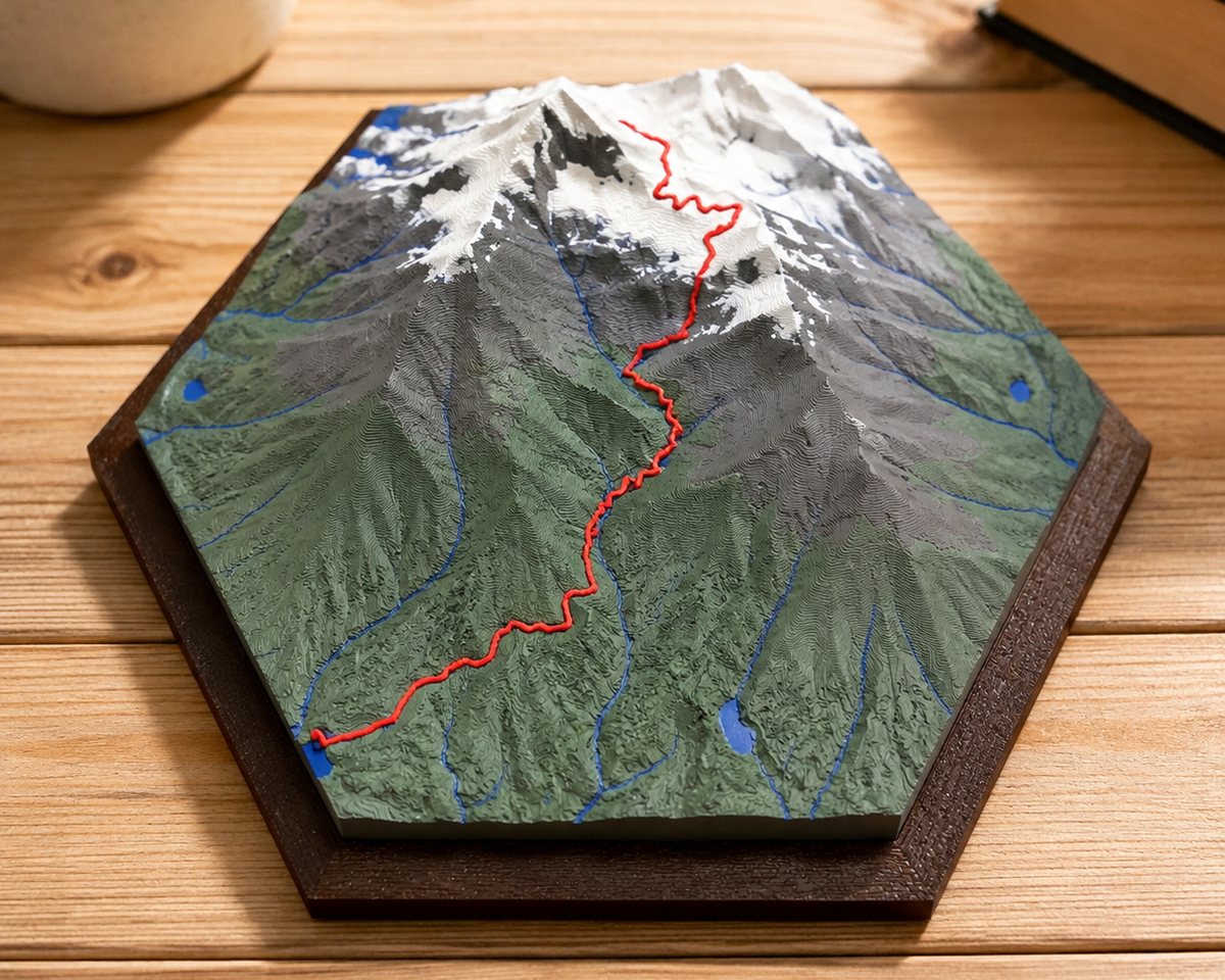 A printed relief model of a snow-capped mountain on a wooden desk: white snow on the summit, gray rock below it, green forested valleys, blue rivers and lakes, and a red hiking route climbing from the valley to the top.