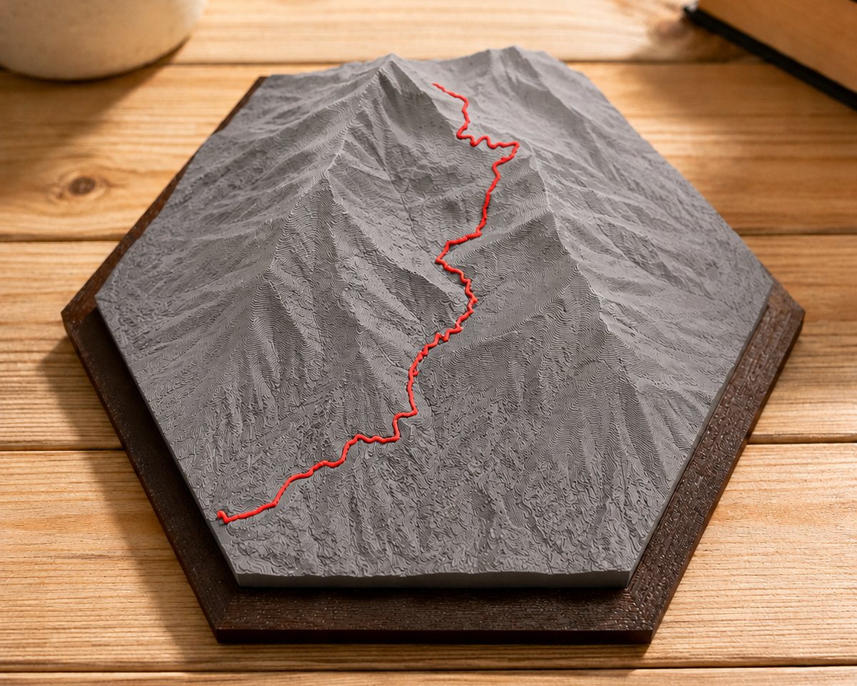 The same mountain printed in a single gray filament, its ridges and valleys read by shadow alone, with the red hiking route climbing across it.